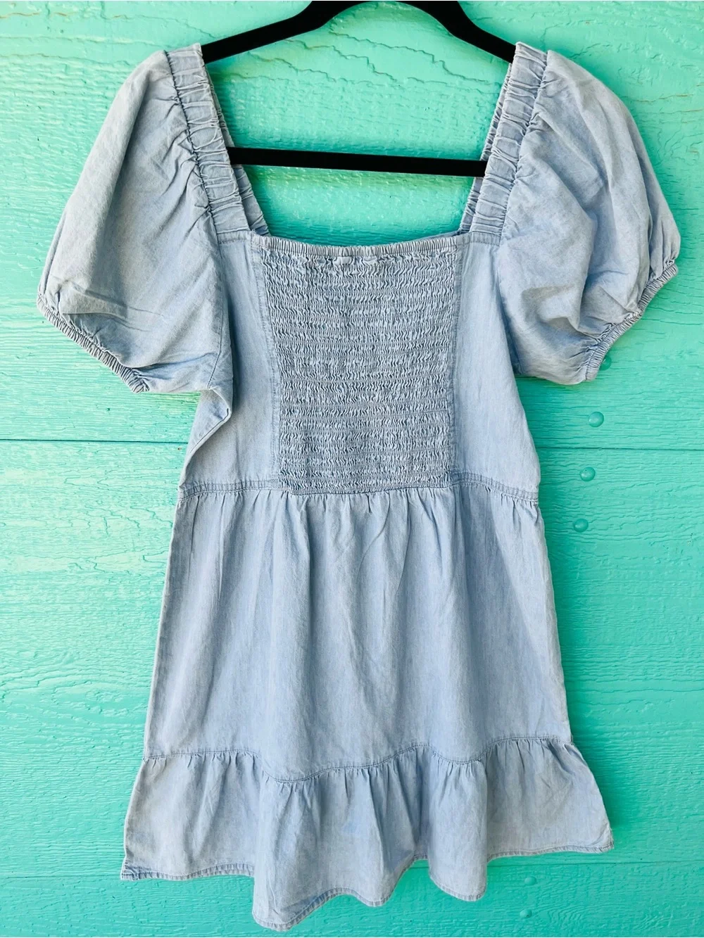TOMMY HILFIGER GIRLS DENIM CHAMBRAY PUFF SLEEVE DRESS SMOCKED BACK SIZE 16 NWT